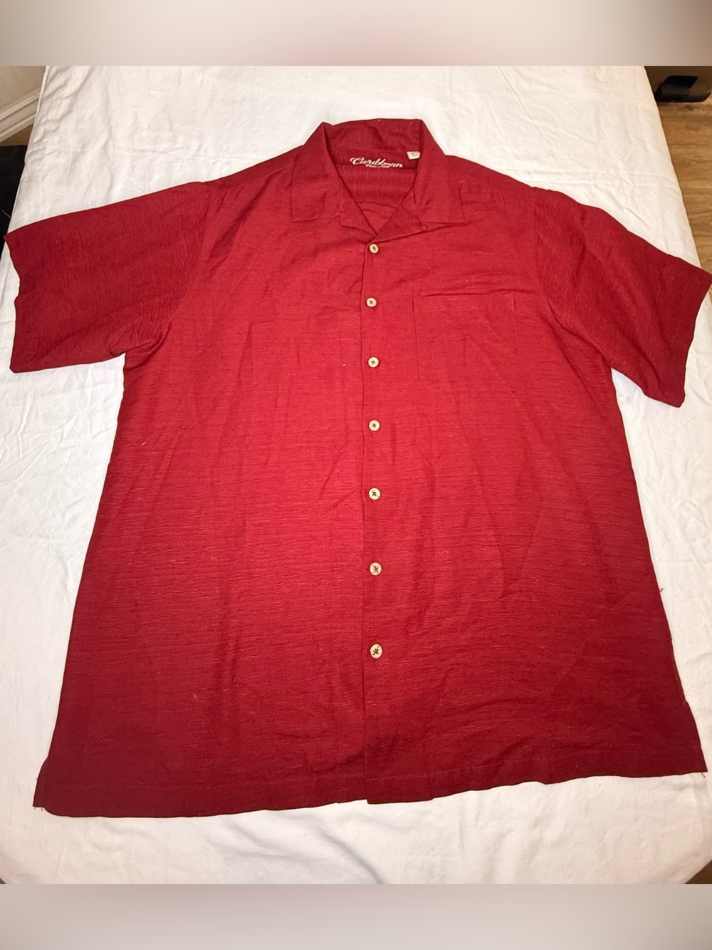 Caribbean Pure Silk Shirt Men 2XT Red Short Sleeve Camp Button